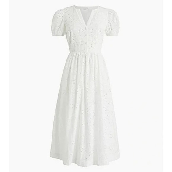 J. Crew Dresses & Skirts - J Crew NWT Puff Sleeve Eyelet Dress White Midi Button Down V Neck Size 6